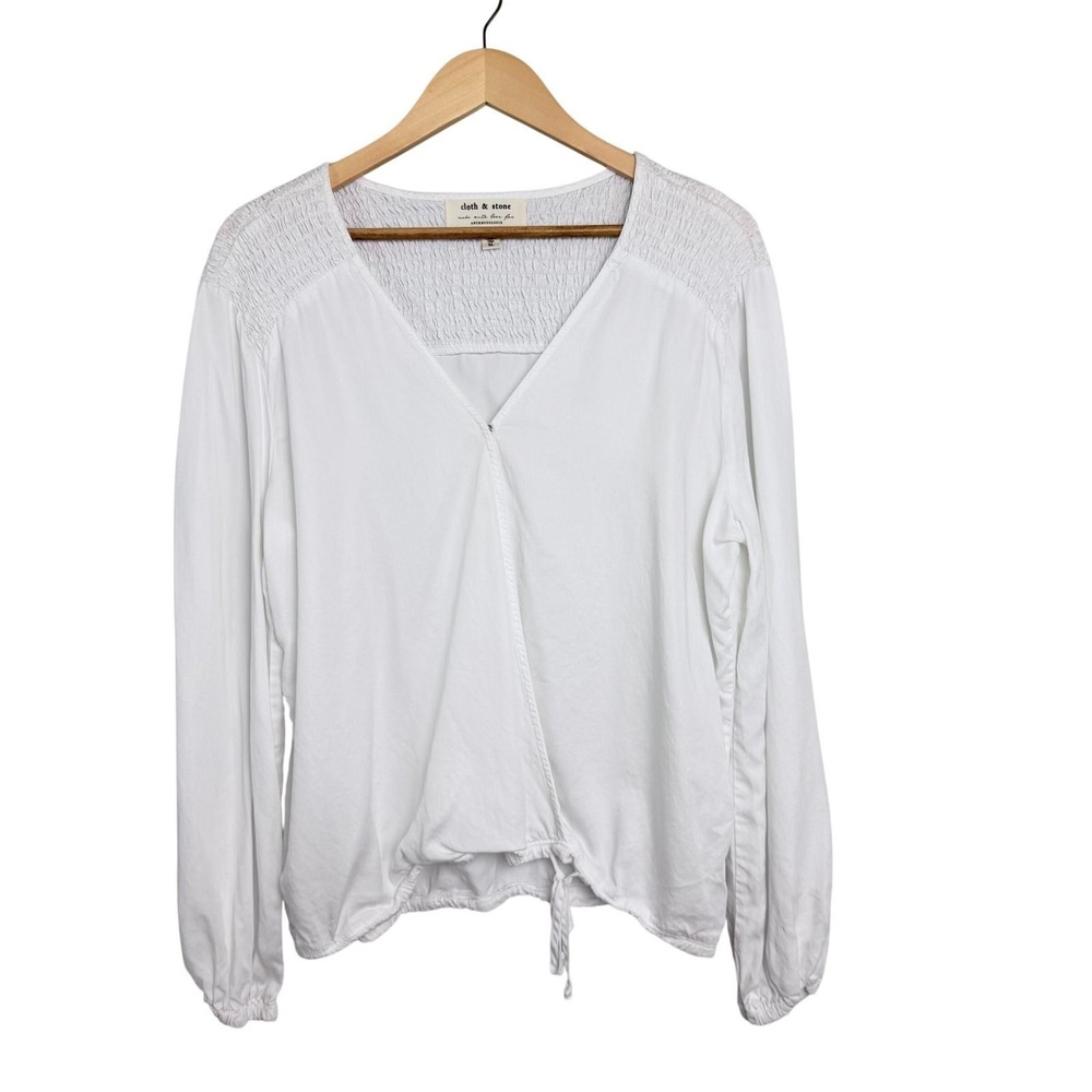 Cloth & Stone Anthropologie White Smocked Surplice V-Neck Blouse XL